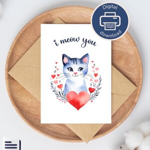 Carte d'amour, chat à l'aquarelle, en téléchargement numérique à imprimer PDF