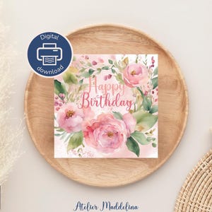 Carte d'anniversaire, couronne de fleurs à l'aquarelle, en Anglais et Français, en téléchargement numérique à imprimer PDF