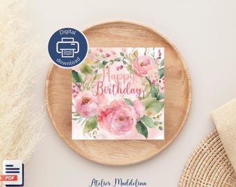 Watercolor Flower Wreath Birthday Card in English and French, Printable Digital Download PDF