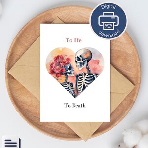 Carte d'amour, squelettes amoureux dans un coeur à l'aquarelle, en Français et Anglais, en téléchargement numérique à imprimer