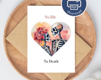 Love card, skeletons in love in a watercolor heart, in French and English, digital download to print