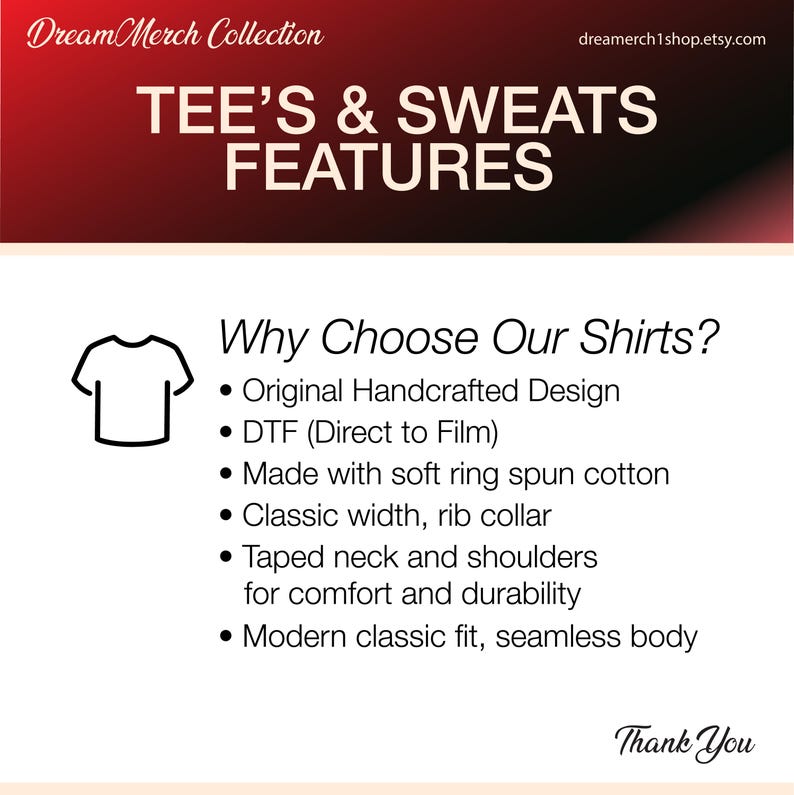 Op de afbeelding: Een informatieve afbeelding met de titel TEE'S & SWEATS FEATURES en een rode gradi&euml;ntkop. Het bevat productdetails zoals een origineel handgemaakt ontwerp, DTF-print, ringgesponnen katoen, een geribbelde kraag en een naadloos kledingstuk.