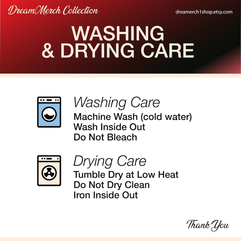 Op de afbeelding: Een witte informatieve afbeelding met de titel WASHING & DRYING CARE en een rode gradi&euml;ntkop. Het bevat instructies: koud wassen in de machine, binnenstebuiten wassen, niet bleken, in de droger op lage temperatuur, niet chemisch reinigen, binnenstebuiten strijken.