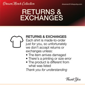 Op de afbeelding: Een witte informatieve afbeelding met een rood verloop in de koptekst met de titel RETURNS & EXCHANGES. Het bevat een zwart t-shirtpictogram en tekst die stelt dat artikelen op bestelling worden gemaakt en retourzendingen alleen worden geaccepteerd bij schade.