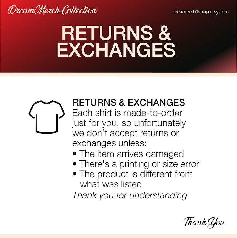 Op de afbeelding: Een witte informatieve afbeelding met een rood verloop in de koptekst met de titel RETURNS & EXCHANGES. Het bevat een zwart t-shirtpictogram en tekst die stelt dat artikelen op bestelling worden gemaakt en retourzendingen alleen worden geaccepteerd bij schade.