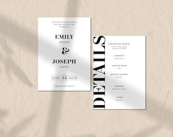 Elegant Black & White Wedding Invitation | Editable Instant Download in Canva