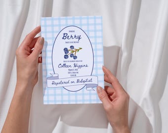 Blueberry Baby Shower Invitation Template | Blue Gingham Berry theme | Editable in Canva | Instant Download
