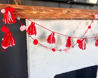 Valentine’s Day Tassel and Pom Pom Garland | Red & Pink Yarn and Glitter Pom Pom Decor | Handmade | 6 ft Party Garland