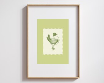 Green Pigeon Wall Art Print | Vintage Stamp Illustration