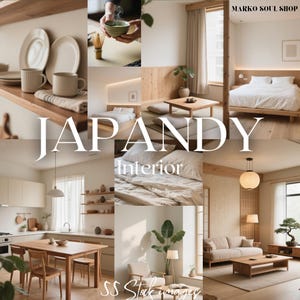 Pode incluir: Uma colagem de imagens de design de interiores de inspiração japonesa. As cenas incluem uma cozinha, um quarto e uma sala de estar, juntamente com uma cerimónia do chá. A palavra "JAPANDY" é exibida em branco, com "Interior" abaixo.