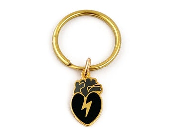 Dark Heart Keychain - 14k Gold Plated Hard Enamel Charm & Solid Brass Ring, Anatomy Lovers Gift, Housewarming Gift