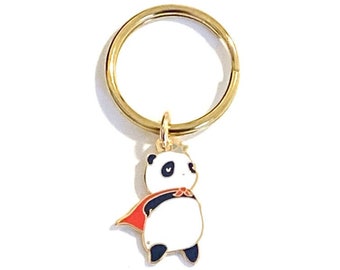 Porte-clés héros Panda, breloque en émail dur plaqué or 14 carats et porte-clés en laiton massif, cadeau amoureux Panda, cadeau Kawaii, cadeau ami héros Panda