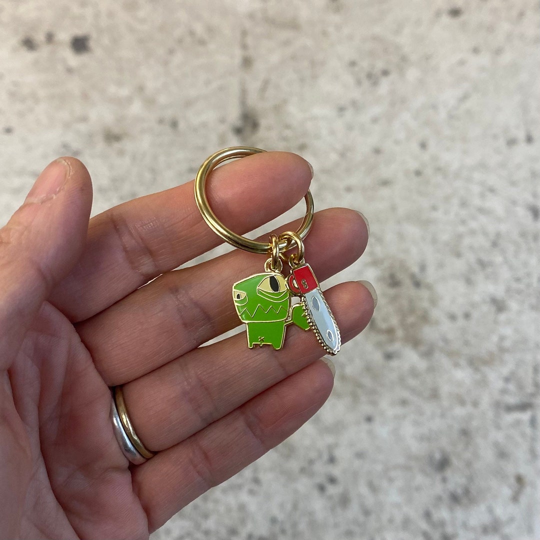 Crazy Jim and Chainsaw Key Chain, 14k Gold Plated Hard Enamel Charm