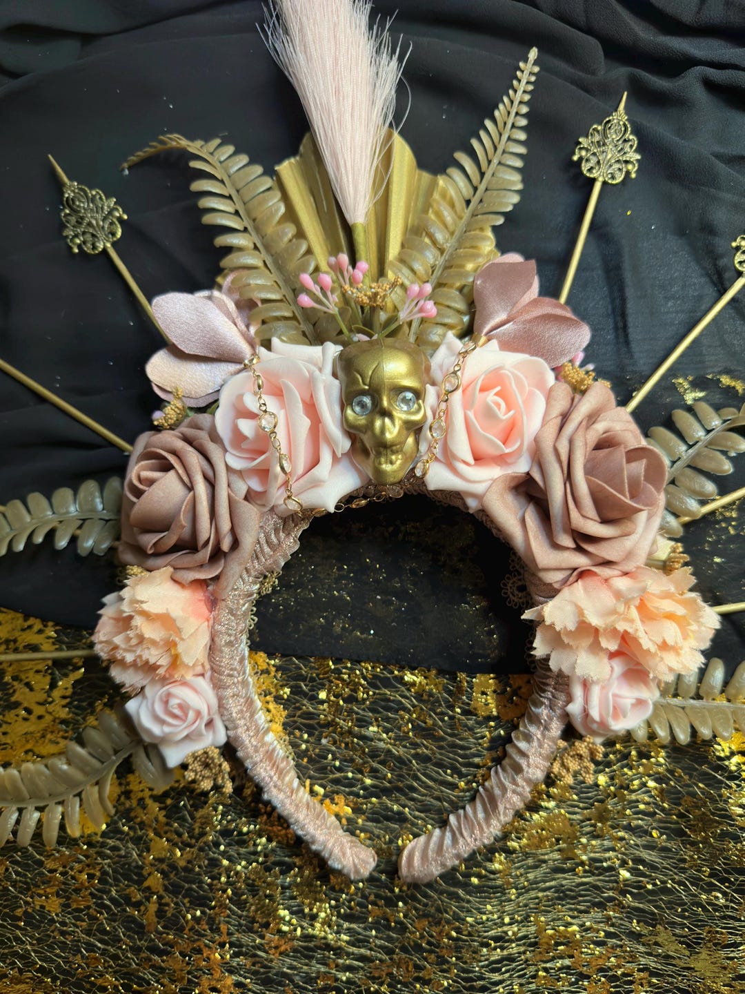 Rosey Pink & Gold Dia De Los Muertos Floral Crown - Etsy