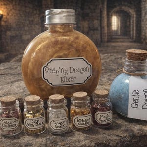 Close-up of a sleeping dragon potion kit components including a large gold-shimmer elixir bottle, a dust bottle with a tag, and five tiny labeled glass jars filled with dry ingredients.