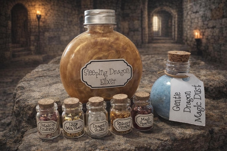 Close-up of a sleeping dragon potion kit components including a large gold-shimmer elixir bottle, a dust bottle with a tag, and five tiny labeled glass jars filled with dry ingredients.