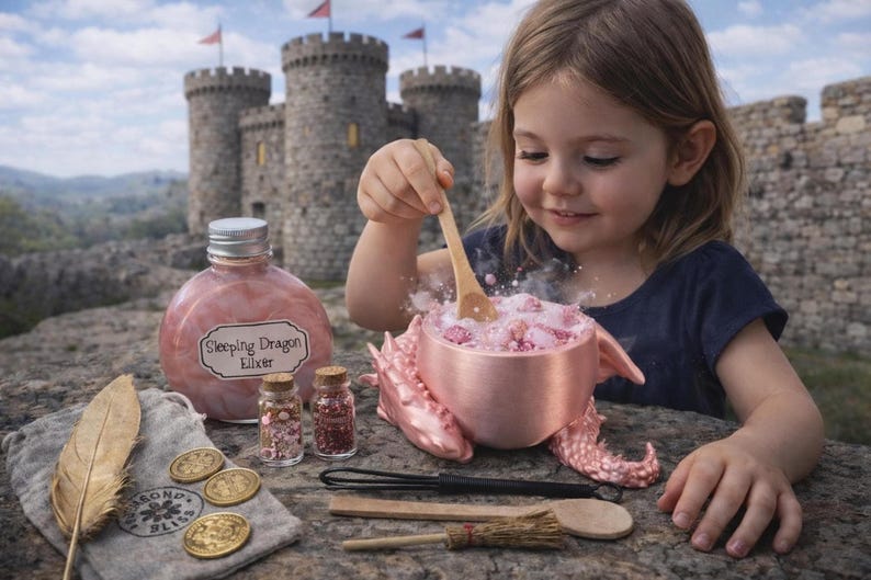 A young girl stirs a steaming pink potion in a metallic pink dragon cauldron with a wooden spoon, alongside a bottle of sleeping dragon elixir and toy accessories outdoors near a castle.