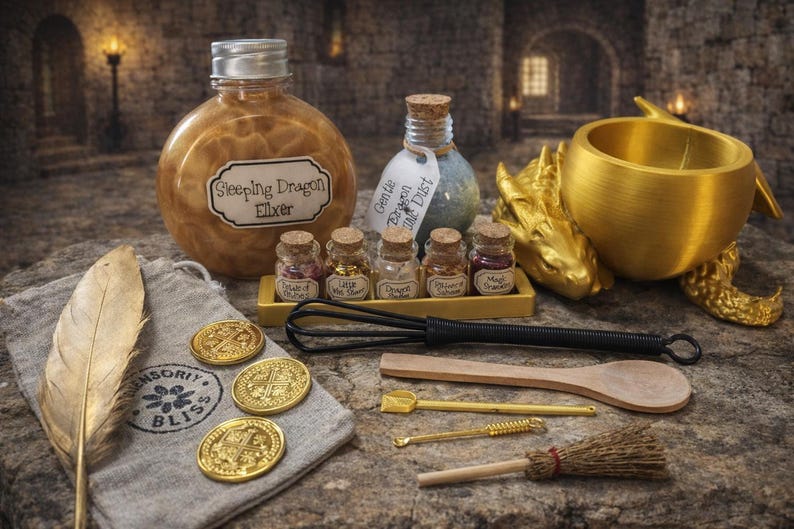 A gold-themed sleeping dragon potion kit including a large elixir bottle, five miniature ingredient jars, a gold dragon cauldron, and accessory tools arranged on a stone surface.