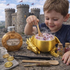 A young boy uses a wooden spoon to stir a steaming gold potion inside a metallic gold dragon cauldron, with a bottle of elixir and miniature ingredient bottles nearby.