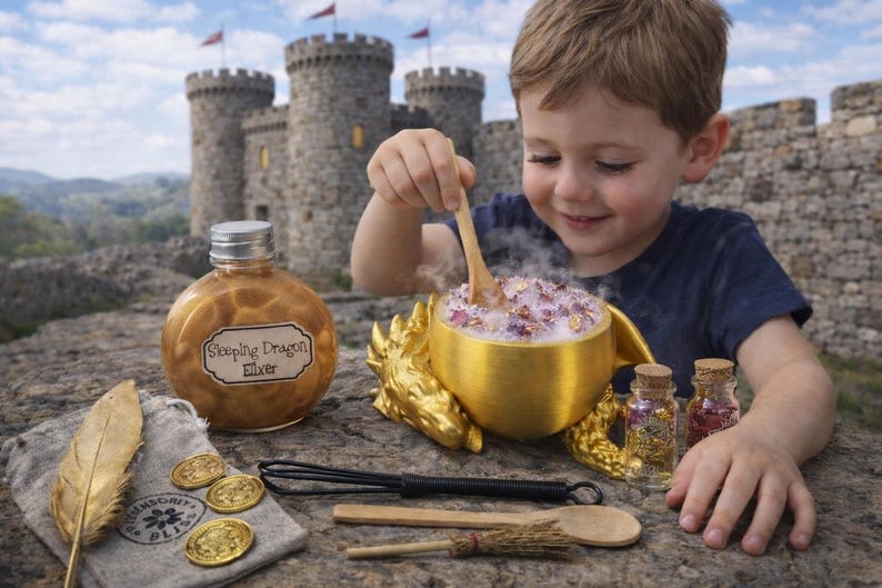 A young boy uses a wooden spoon to stir a steaming gold potion inside a metallic gold dragon cauldron, with a bottle of elixir and miniature ingredient bottles nearby.