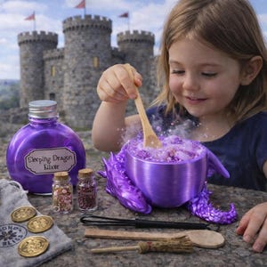 A young girl stirs a steaming purple potion inside a metallic purple dragon cauldron with a wooden spoon, with a matching potion bottle and mini jars placed on a stone ledge.