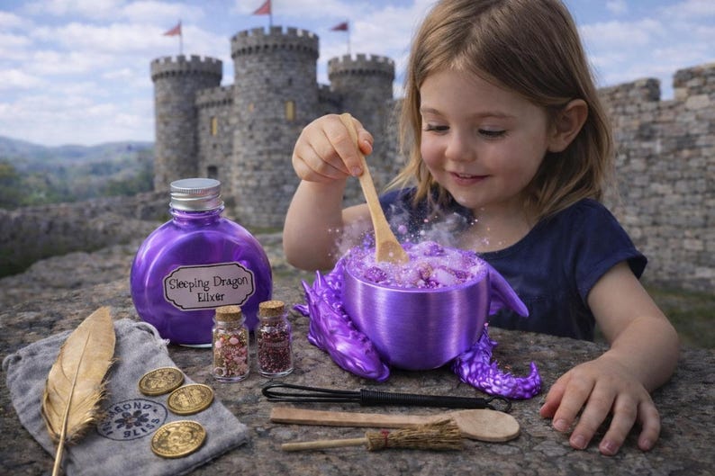 A young girl stirs a steaming purple potion inside a metallic purple dragon cauldron with a wooden spoon, with a matching potion bottle and mini jars placed on a stone ledge.