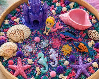 Kit sensorial de sirena, castillo impreso en 3D y juego de verter y jugar con el océano de arroz.