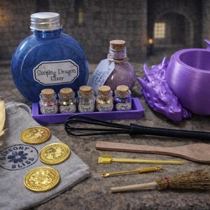 A purple-themed sleeping dragon potion set with a large purple elixir bottle, a matching dragon cauldron, five labeled mini bottles, and accessories like gold coins and a whisk.