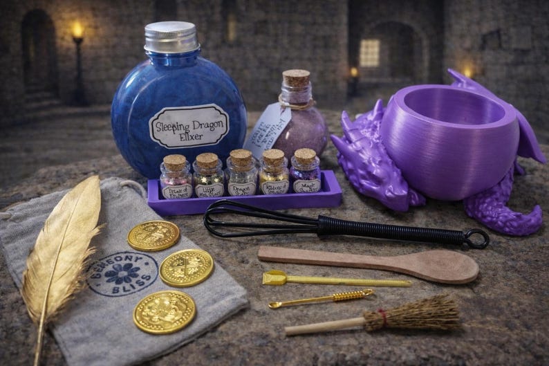 A purple-themed sleeping dragon potion set with a large purple elixir bottle, a matching dragon cauldron, five labeled mini bottles, and accessories like gold coins and a whisk.