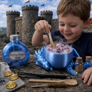 A young boy stirs a bubbling blue potion in a blue dragon cauldron with a wooden spoon, accompanied by a sleeping dragon elixir bottle and ingredient jars outdoors.