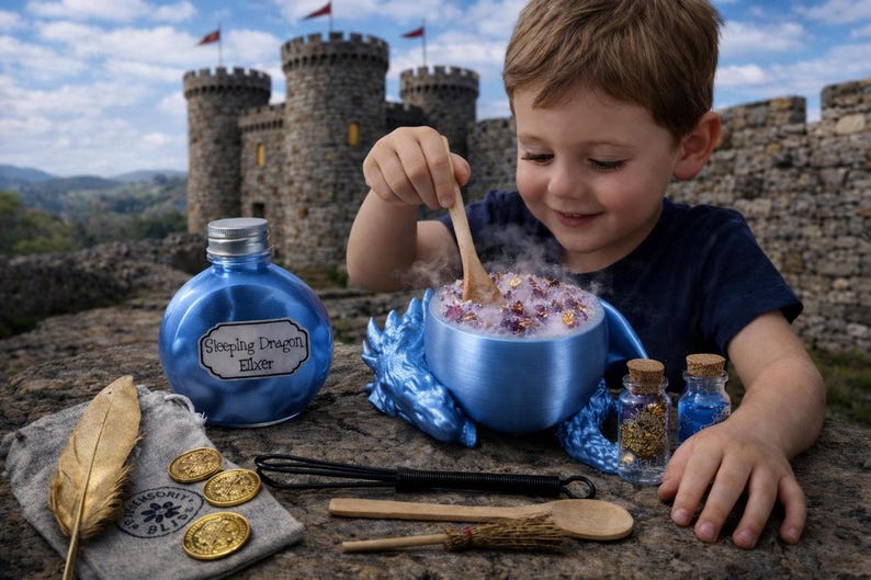 A young boy stirs a bubbling blue potion in a blue dragon cauldron with a wooden spoon, accompanied by a sleeping dragon elixir bottle and ingredient jars outdoors.