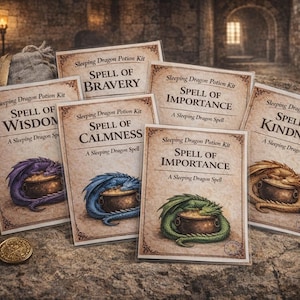 Seven spell cards for a sleeping dragon potion kit laid out on a stone background, each featuring a dragon illustration and a different spell title.