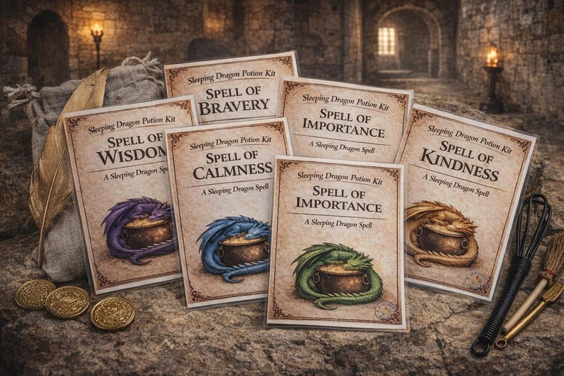 Seven spell cards for a sleeping dragon potion kit laid out on a stone background, each featuring a dragon illustration and a different spell title.