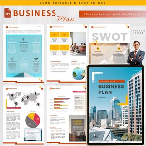 May include: A business plan template featuring a cityscape backdrop. The template includes sections for executive summary, company profile, market analysis, SWOT analysis, and financial projections. The text "BUSINESS PLAN" is displayed in a large font on the cover page.