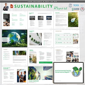 Puede incluir: Una plantilla de informe de sostenibilidad con un esquema de color verde y blanco. El informe incluye secciones sobre temas ambientales, sociales y de gobernanza. El informe también incluye una variedad de gráficos y tablas.