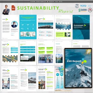Può includere: Un modello di report di sostenibilità con uno schema di colori blu e verde. Il report include sezioni su ambiente, strategia, obiettivi, operazioni, rischi climatici, diversità, equità e inclusione, e metriche chiave e prestazioni. Il report è 100% modificabile e facile da usare.