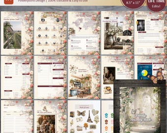 May include: A Family Ancestry Book template in a PowerPoint design. The pages are decorated with floral borders and include sections for family trees, photos, and recipes. The book is letter size, 8.5" x 11", and fully editable.