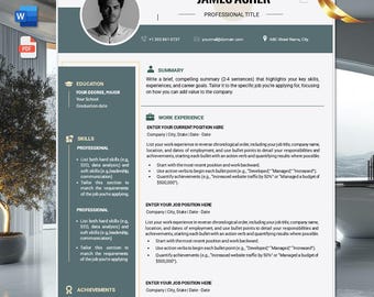 May include: A green and white resume template with a photo of a man in a suit. The template includes sections for education, skills, work experience, and achievements. The text "JAMES ASHER" is at the top of the page.