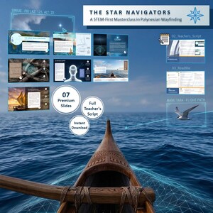 Puede incluir: Imagen de una presentación sobre navegación polinesia titulada "The Star Navigators". La imagen muestra un barco en el océano, con varias diapositivas y el texto "07 Premium Slides", "Full Teacher's Script" e "Instant Download".