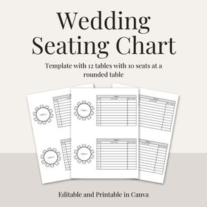 Könnte beinhalten: Druckbare Hochzeitsplatzplan-Vorlage mit 12 Tischen, jeweils mit 10 Sitzplätzen. Die Vorlage zeichnet sich durch ein schlichtes Design mit runden Tischen und nummerierten Sitzplätzen aus.
