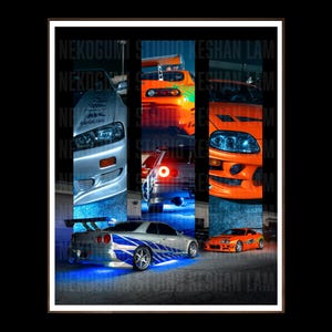 Könnte beinhalten: Gerahmter Druck mit einer Collage von Sportwagen in Silber, Orange und Blau. Die Autos haben Spoiler und Sonderlackierungen. Die Texte "NEKOGUMI" und "KESHA LAM" sind sichtbar.