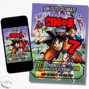 Peut inclure: Une invitation d'anniversaire violette et verte avec une image de dessin animé d'un personnage de l'anime Dragon Ball Z. L'invitation dit "Rejoignez-nous pour célébrer Simon qui a 7 ans" et comprend une date, une heure et une adresse.