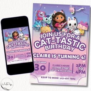 Gabby&#39;s Dollhouse Digital Birthday Invitation Template: Printable Kids Party (Editable)