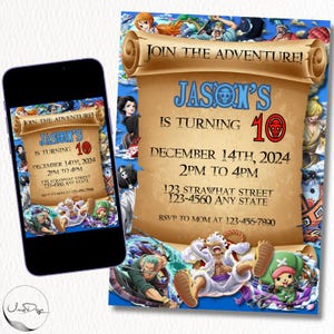 Modello di invito per festa di compleanno di One Piece / Invito di compleanno stampabile / Invito per festa per bambini / Invito di compleanno anime modificabile