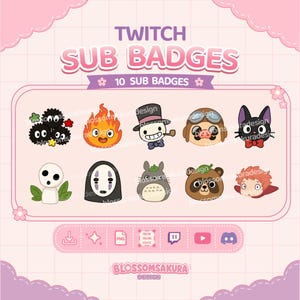 Può includere: Un set di dieci badge digitali per abbonati Twitch raffiguranti vari personaggi dei cartoni animati, tra cui spiritelli della fuliggine, una fiamma, una figura con cilindro, un aviatore, un gatto nero, uno spirito e vari animali.