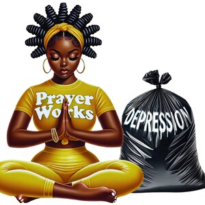 Puede incluir: Una mujer de piel oscura con una camiseta amarilla que dice "Prayer Works" está sentada en una postura de yoga con las manos en posición de oración. Lleva una diadema amarilla y tiene el pelo en trenzas. En el fondo hay una bolsa de basura negra con la palabra "DEPRESSION" escrita en ella.