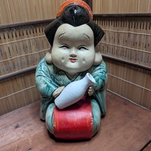 Extremely Rare 1940s Japanese Otafuku Ceramic Statue | Handcrafted Lucky Figurine Traditional Japanese Decor Japanese government auction QQ2