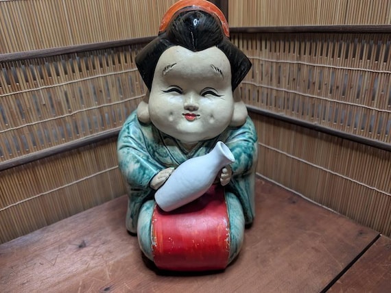 Rare 1940s Japanese Otafuku Ceramic Statue Lucky Folk Art Figurine