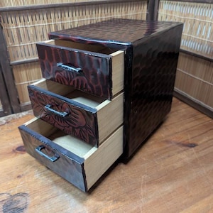 Japanese Vintage 1980s 3 Drawer Wooden Box | Okinawa Flower Carved | Gov’t Auction | 1.8kg / 4lbs | Storage Chest Decor Made in Japan EE14
