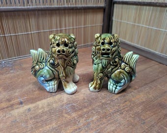 Traditional Okinawan Shisa Lion Pair Pottery Protection Symbol Japan Auction P28